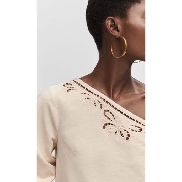 Mango Asymmetrical Embroidered Open Work One Shoulder Top S Ecru - Picture 2 of 11